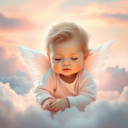 A serene and ethereal scene featuring an angelic baby with delicate wings, surrounded by soft clouds and a gentle light that radiates a calming aura