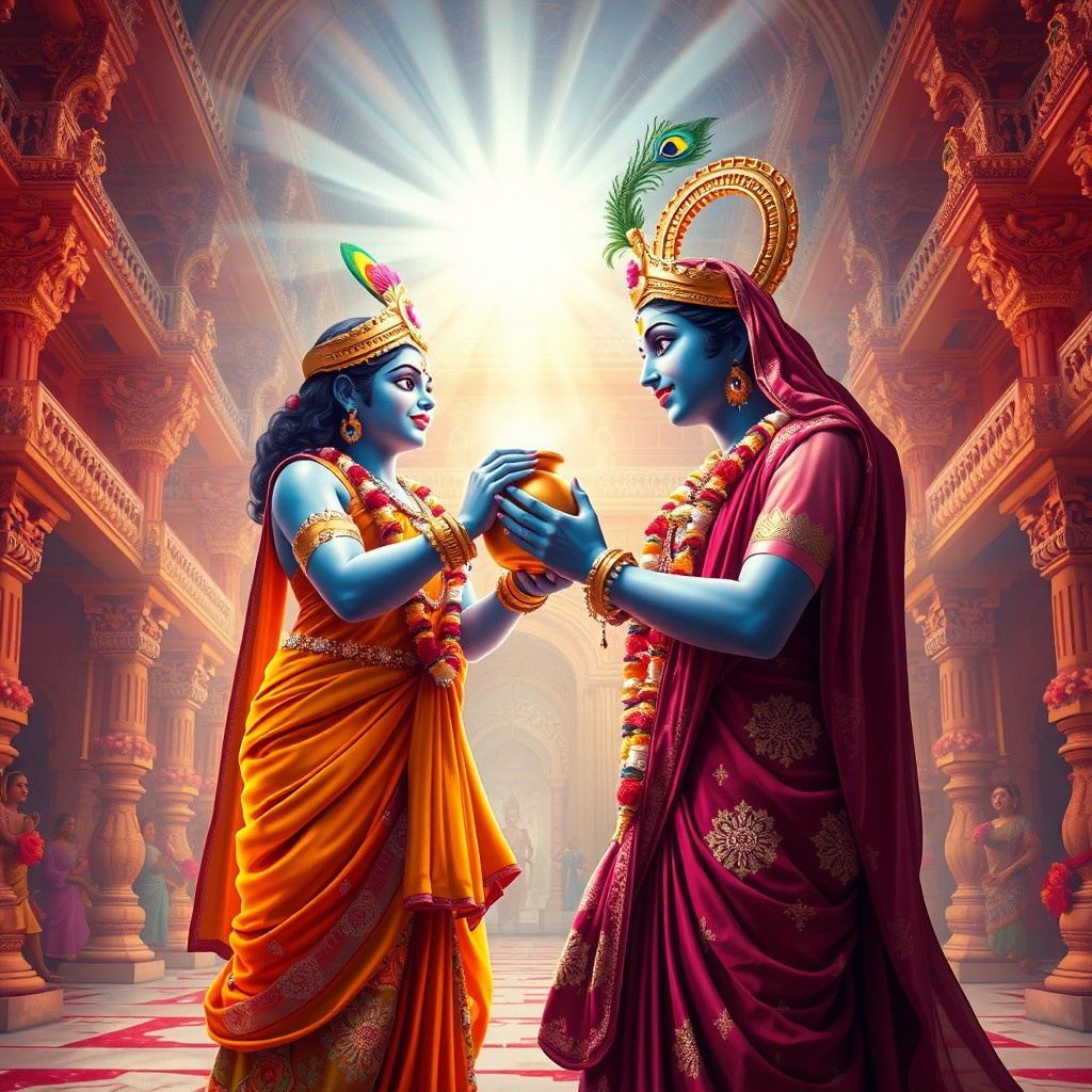 A divine scene depicting Lord Krishna bestowing blessings upon Draupadi, set in a vibrant grand palace adorned with intricate architecture from ancient India
