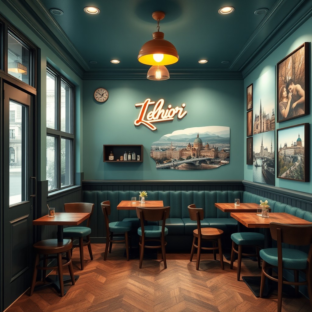 A cozy small restaurant design showcasing both sides of the interior, featuring an inviting atmosphere with dominant colors of turquoise, forest green, and oak tree color