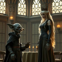 Em um palácio medieval, com janelas antigas que emolduram a cena, duas figuras se destacam