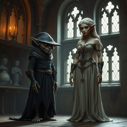 Em um palácio medieval, com janelas antigas que emolduram a cena, duas figuras se destacam