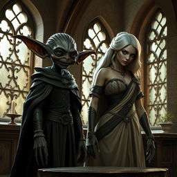 Em um palácio medieval, com janelas antigas que emolduram a cena, duas figuras se destacam