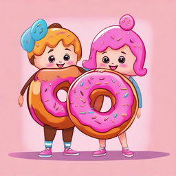 A cartoon image of a boy and girl, each wearing adorable costumes designed to resemble vibrant, delectable donuts.