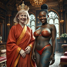 In a lavish noble medieval room filled with rich details and ornate decorations, there are two women present