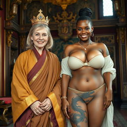 In a lavish noble medieval room filled with rich details and ornate decorations, there are two women present