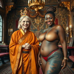 In a lavish noble medieval room filled with rich details and ornate decorations, there are two women present