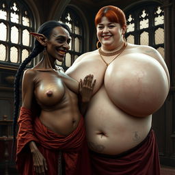 A small, malevolent female goblin, aged 40, with extremely dark skin and a malnourished body, smiling with her rotten teeth exposed