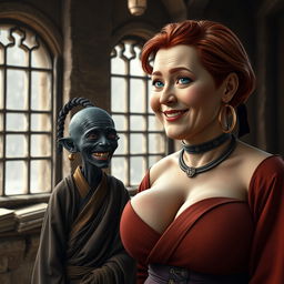 In a medieval room with ancient windows, there are two characters