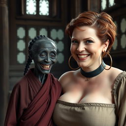 In a medieval room with ancient windows, the scene features two characters