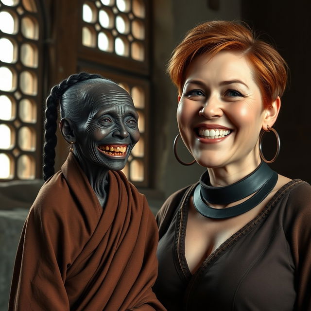 In a medieval room with ancient windows, the scene features two characters