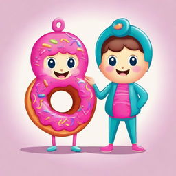 A cartoon image of a boy and girl, each wearing adorable costumes designed to resemble vibrant, delectable donuts.