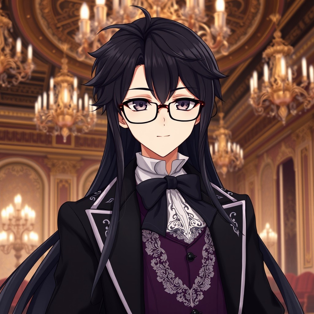An elegant anime character with long, flowing dark hair that reaches down their back, styled in an intricate manner typical of 18th-century fashion