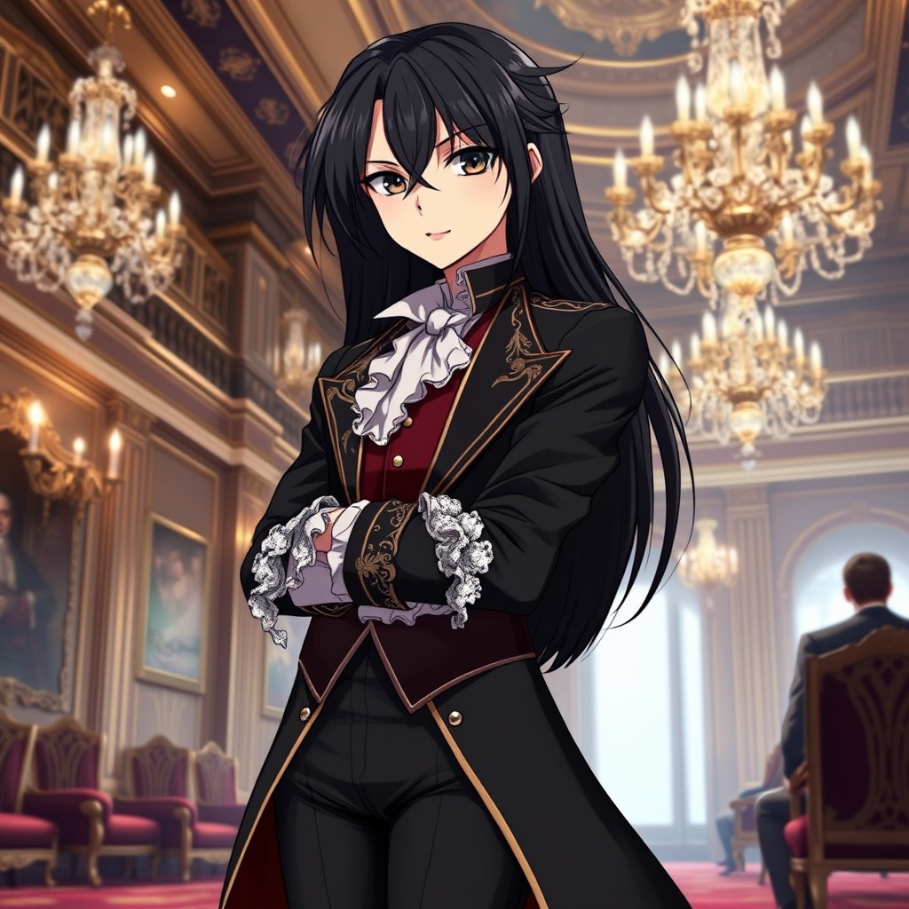 An elegantly refined anime character with long, sleek dark hair elegantly styled to reflect the sophistication of the 18th century