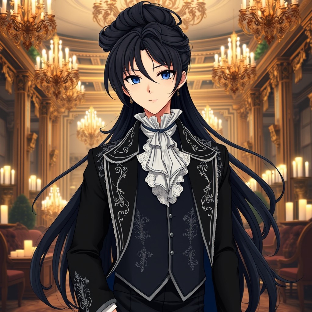 An elegant anime character with long, flowing dark hair styled in an intricate updo that reflects 18th-century aristocratic fashion
