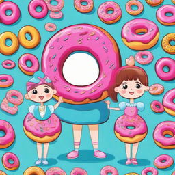 A cartoon image of a boy and girl, each wearing adorable costumes designed to resemble vibrant, delectable donuts.