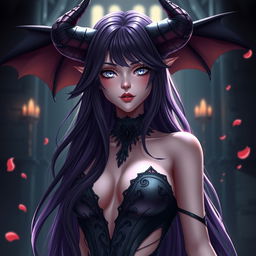 A stunning mature demon queen depicted in a 3D anime realistic style with ultra sharp details