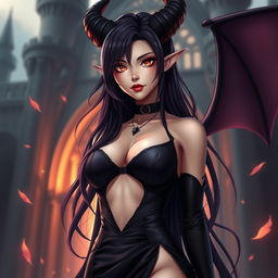 A stunning mature demon queen depicted in a 3D anime realistic style with ultra sharp details