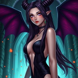 A stunning mature demon queen depicted in a 3D anime realistic style with ultra sharp details