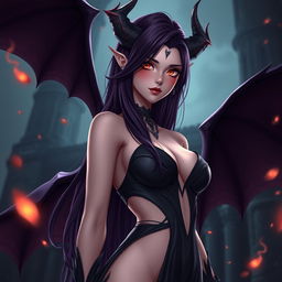 A stunning mature demon queen depicted in a 3D anime realistic style with ultra sharp details