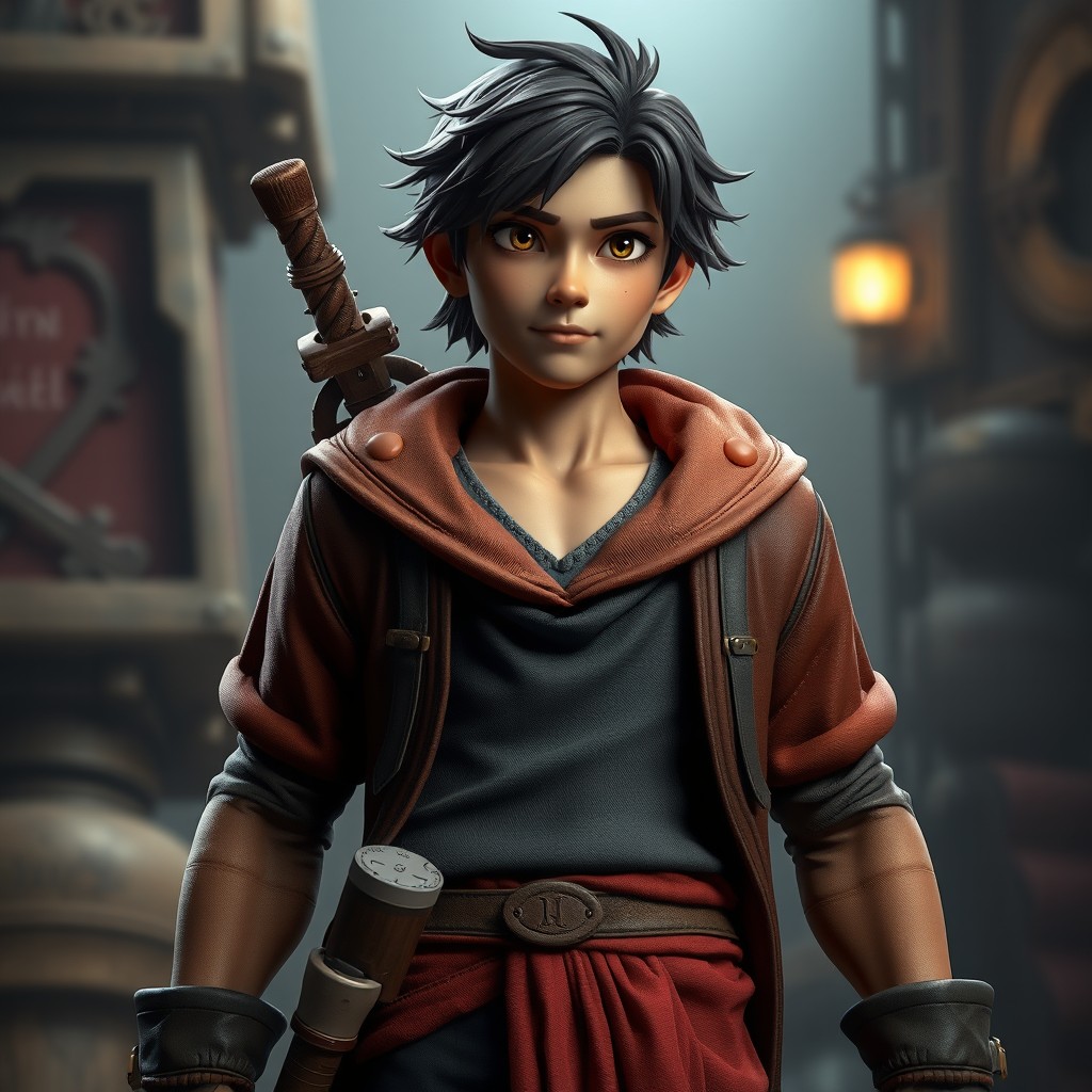 A full body shot of a realistic 3D character, showcasing intricate details and a sharp focus on textures, clothing, and facial features