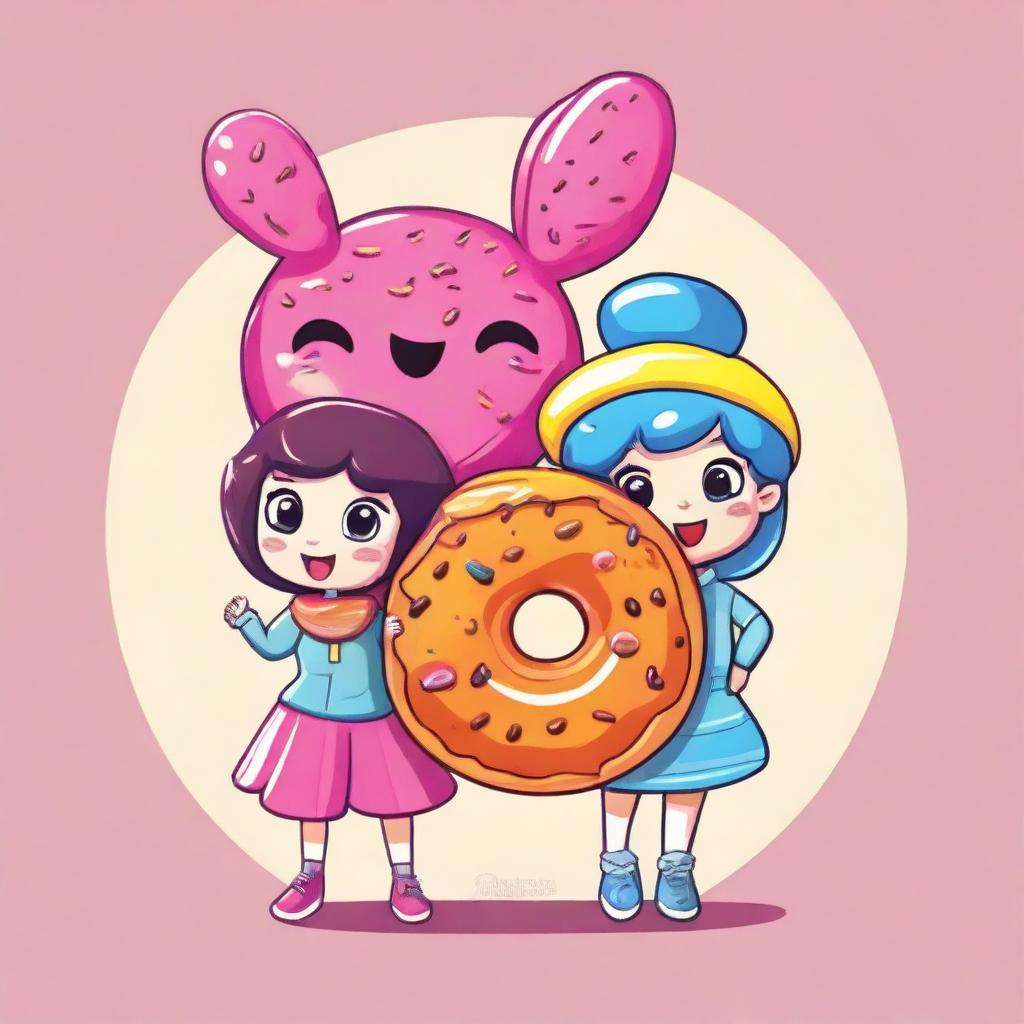 A cartoon image of a cool boy and a cute girl, both adorned with fun costumes that embody the spirit of a colorful, enticing donut.