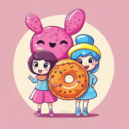 A cartoon image of a cool boy and a cute girl, both adorned with fun costumes that embody the spirit of a colorful, enticing donut.