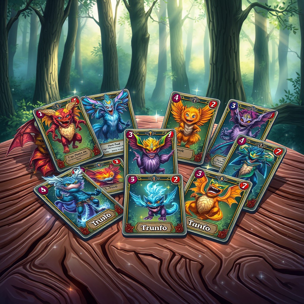 A vibrant and detailed illustration of a fantasy card game featuring colorful, unique cards known as 'Trunfo' cards