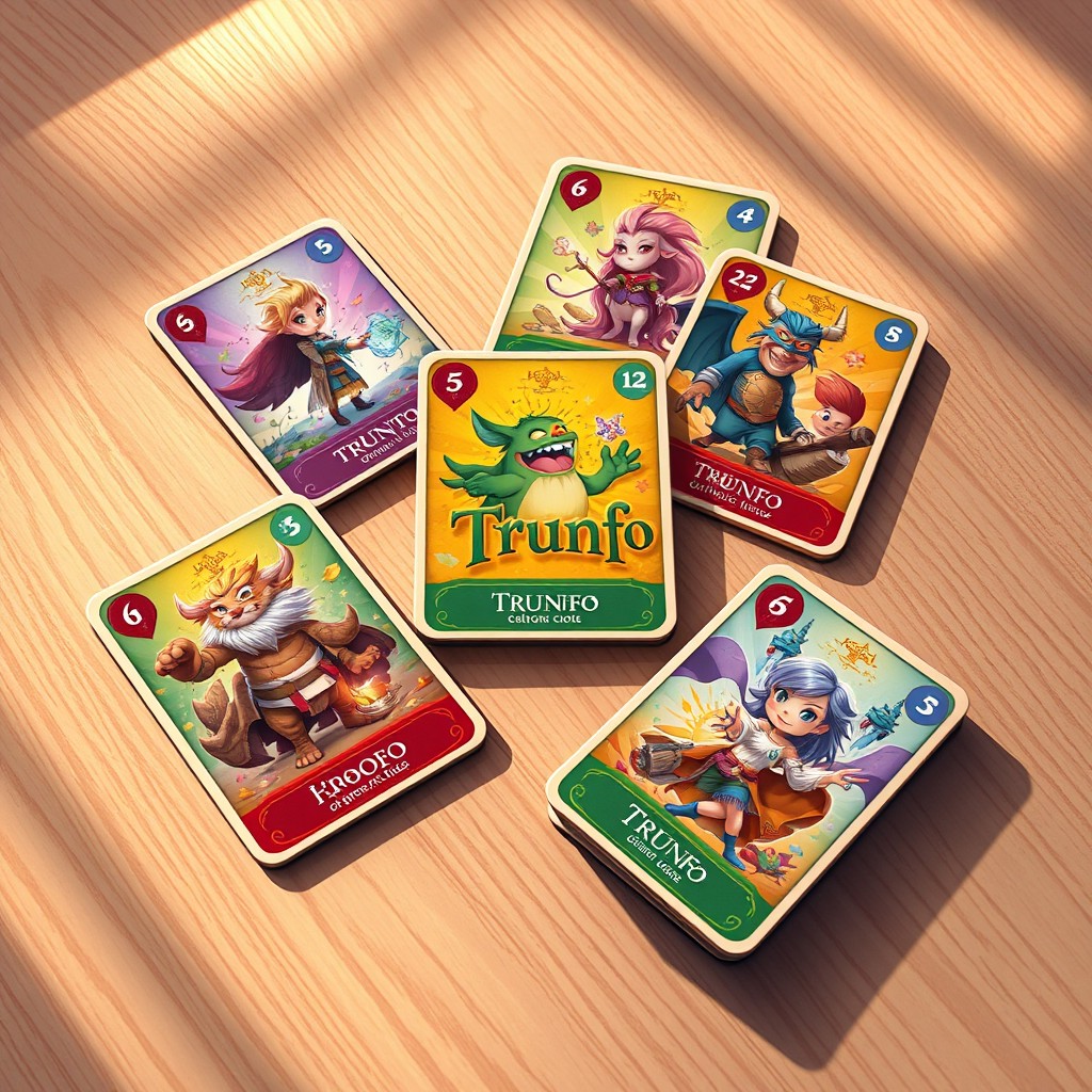 A vibrant and colorful illustration depicting a collection of 'Trunfo' cards scattered on a textured wooden table