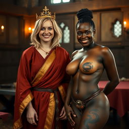 In a medieval room, a joyful 45-year-old blonde woman with medium-length hair and bright blue eyes stands cheerfully