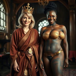 In a medieval room, a joyful 45-year-old blonde woman with medium-length hair and bright blue eyes stands cheerfully