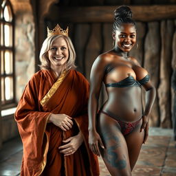 In a medieval room, a joyful 45-year-old blonde woman with medium-length hair and bright blue eyes stands cheerfully