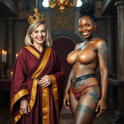 In a medieval room, a joyful 45-year-old blonde woman with medium-length hair and bright blue eyes stands cheerfully