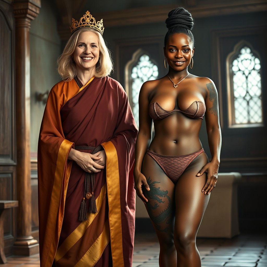 In a medieval room, a joyful 45-year-old blonde woman with medium-length hair and blue eyes stands, wearing a long, flowing Buddhist cloak with golden edges and a golden crown