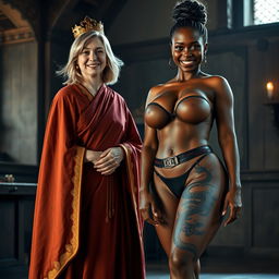 In a medieval room, a joyful 45-year-old blonde woman with medium-length hair and blue eyes stands, wearing a long, flowing Buddhist cloak with golden edges and a golden crown