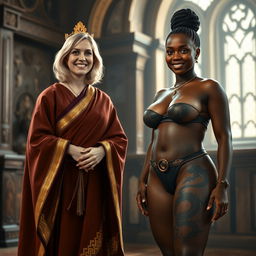 In a medieval room, a joyful 45-year-old blonde woman with medium-length hair and blue eyes stands, wearing a long, flowing Buddhist cloak with golden edges and a golden crown