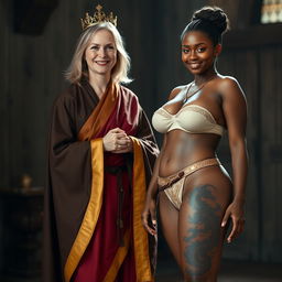 In a medieval room, a joyful 45-year-old blonde woman with medium-length hair and blue eyes stands, wearing a long, flowing Buddhist cloak with golden edges and a golden crown