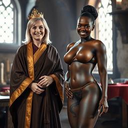 In a medieval room, a cheerful 45-year-old blonde woman with medium-length hair and blue eyes stands happily