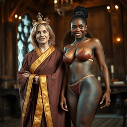 In a medieval room, a cheerful 45-year-old blonde woman with medium-length hair and blue eyes stands happily