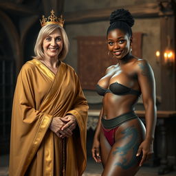 In a medieval room, a cheerful 45-year-old blonde woman with medium-length hair and blue eyes stands happily