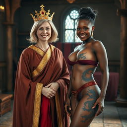 In a medieval room, a cheerful 45-year-old blonde woman with medium-length hair and blue eyes stands happily