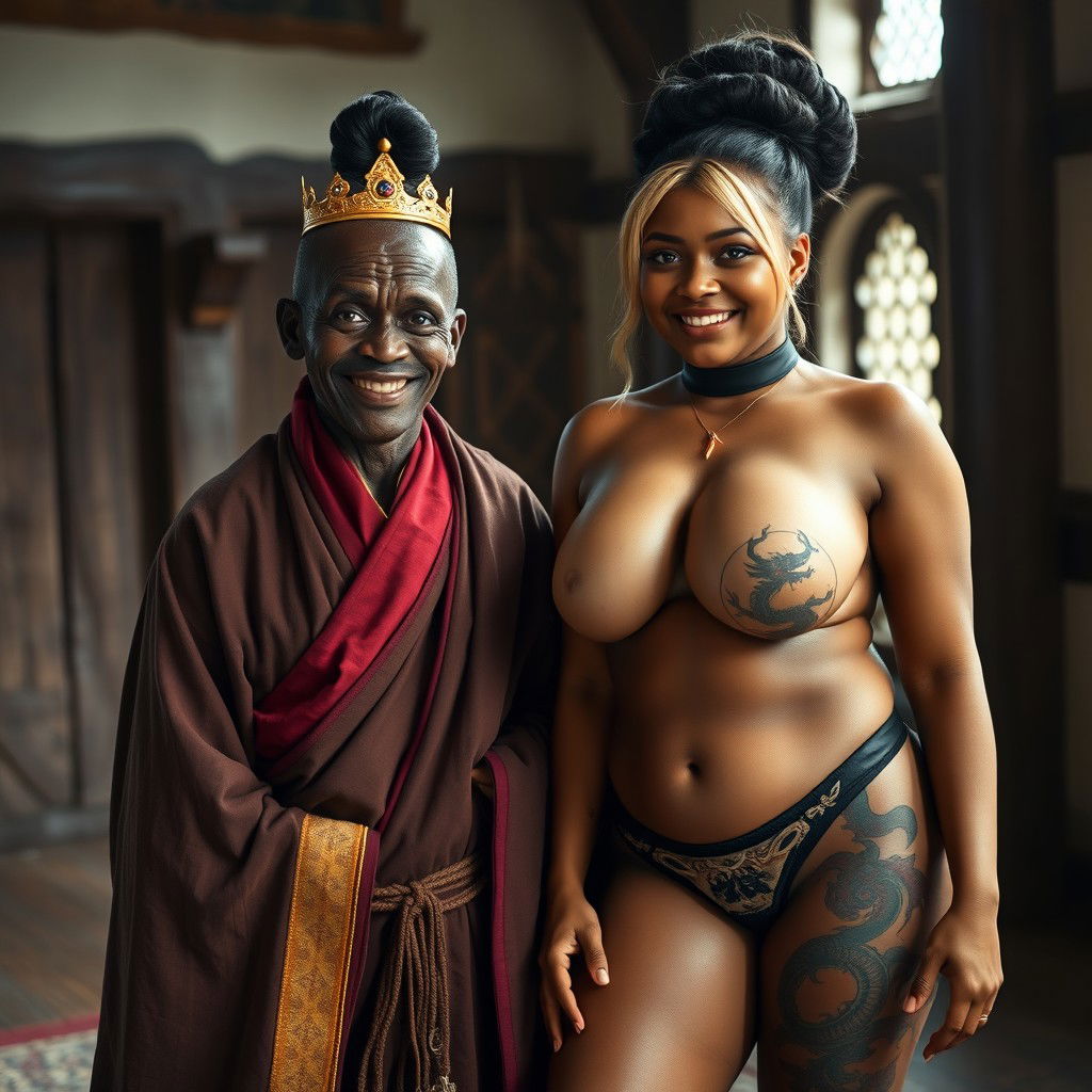 In a medieval room, featuring a very happy, malnourished 45-year-old blonde woman with blue eyes and medium blonde hair, who is very short