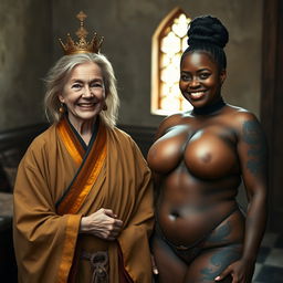 In a medieval room, featuring a very happy, malnourished 45-year-old blonde woman with blue eyes and medium blonde hair, who is very short