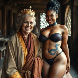 In a medieval room, featuring a very happy, malnourished 45-year-old blonde woman with blue eyes and medium blonde hair, who is very short