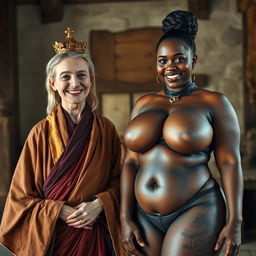 In a medieval room, a very happy, malnourished 40-year-old blonde woman with blue eyes and medium blonde hair stands, appearing very short