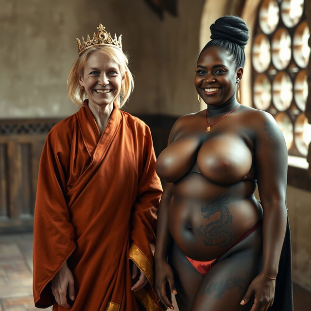 In a medieval room, a very happy, malnourished 40-year-old blonde woman with blue eyes and medium blonde hair stands, appearing very short