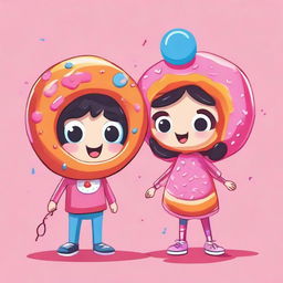 A cartoon image of a cool boy and a cute girl, both adorned with fun costumes that embody the spirit of a colorful, enticing donut.