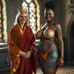 In a medieval room, a very happy, malnourished 40-year-old blonde woman with blue eyes and medium-length blonde hair stands, appearing notably short