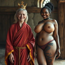 In a medieval room, a very happy, malnourished 40-year-old blonde woman with blue eyes and medium-length blonde hair stands, appearing notably short