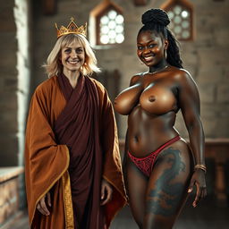 In a medieval room, a very happy, malnourished 40-year-old blonde woman with blue eyes and medium-length blonde hair stands, appearing notably short