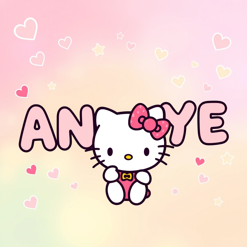 A cute and colorful illustration featuring the name 'ANNGYE' written in adorable font with Hello Kitty theme elements